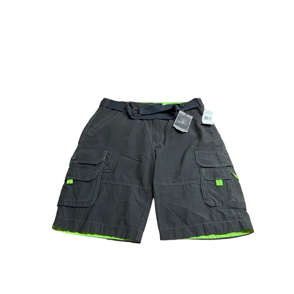 Royal Premium Mens Cargo Shorts Size 38 Black Neon Green Belted Gorpcore